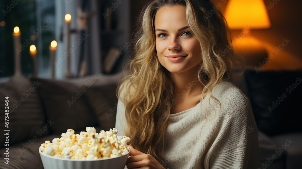 Woman blonde sitting at home on a cozy sofa, holding a bowl of popcorn for movie watching in the home theater Woman blonde sitting at home on a cozy sofa, holding a bowl of popcorn for movie watching in the home theater