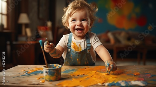 Happy little 2-years old boy for the first time draws with paints on a white sheet of paper