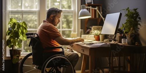Remote Work Made Possible: Man in Wheelchair in Home Office photo