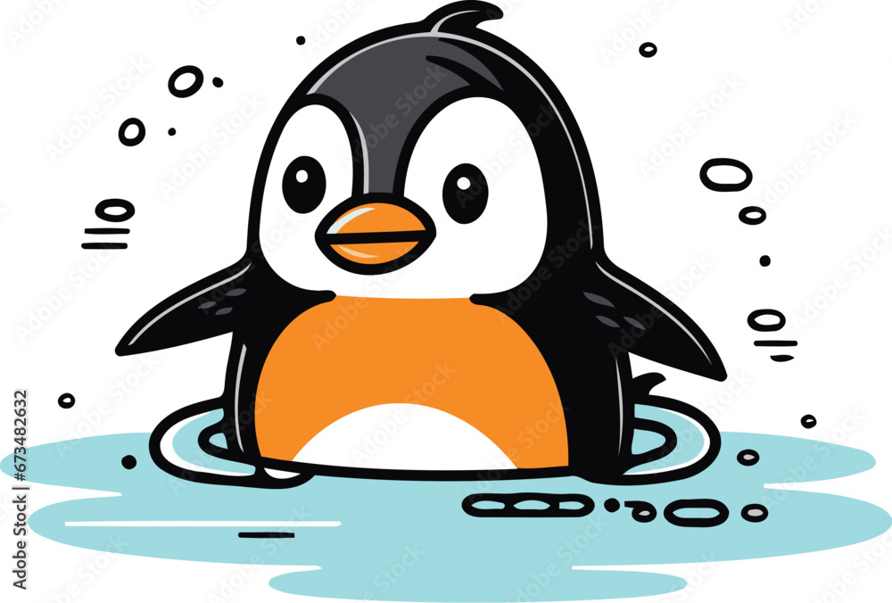 Obraz premium Cute cartoon penguin swimming in the water. Vector illustration.
