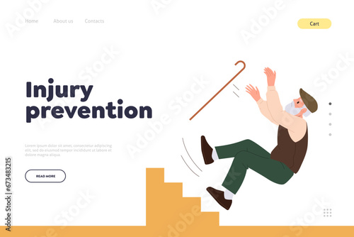 Injury prevention concept for landing page template with retired senior man falling down from stairs