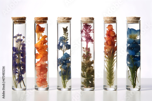Test tubes with flowers in the laboratory. Concept of floratherapy, Bach flowers and alternative medicine
