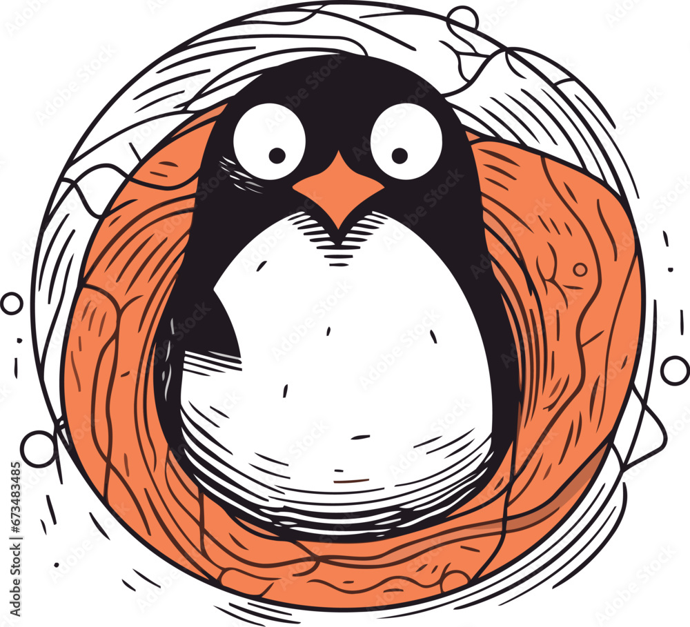 Hand drawn vector illustration of a cute penguin in a nest. Hand drawn vector illustration of a cute penguin in a nest.