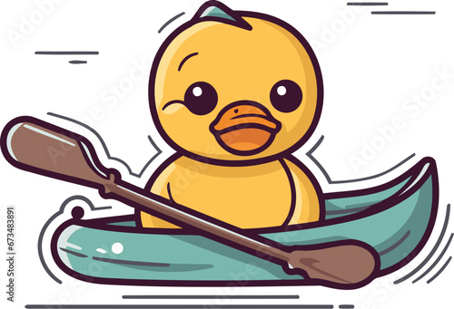 Cute cartoon yellow rubber duck in a kayak. Vector illustration.