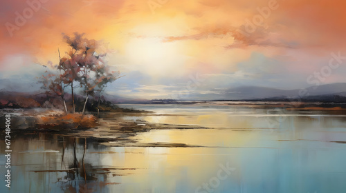 Lake and Mountain, Tranquil Waterscapes, abstract landscape art, generative ai © Niko
