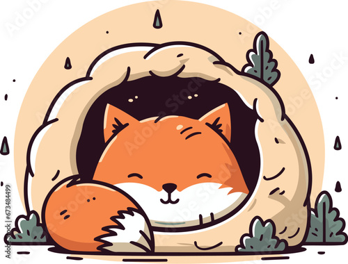 Cute fox sleeping in a hole. Vector illustration in cartoon style.
