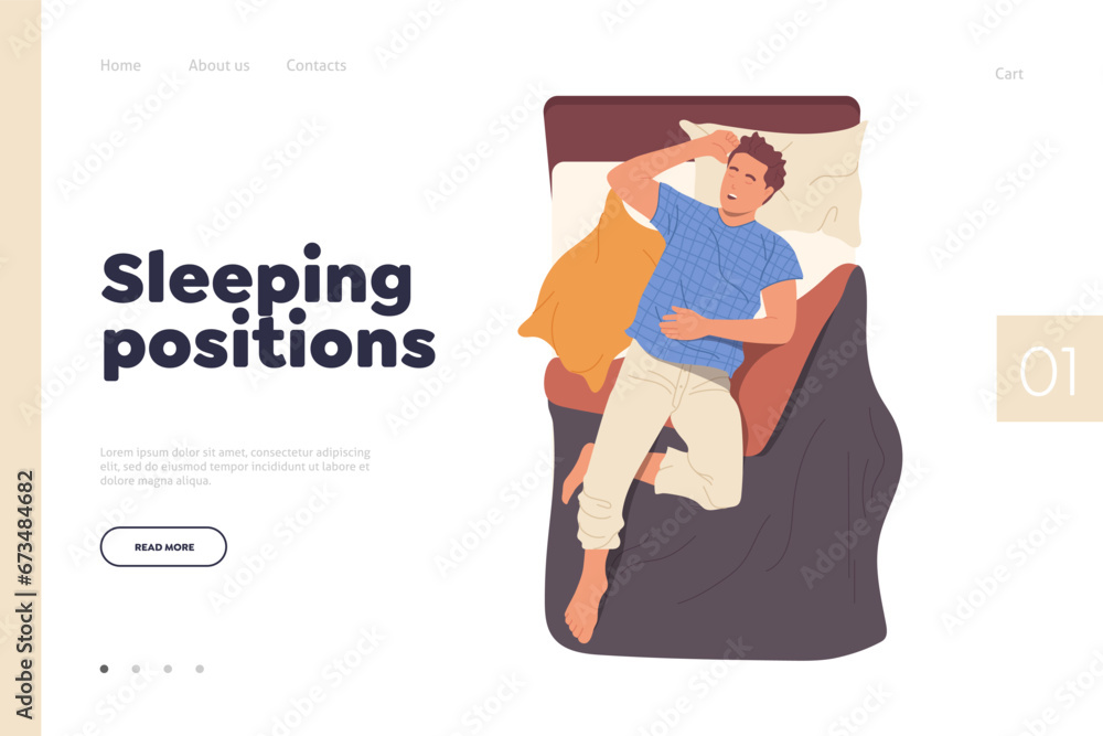 Sleeping position landing page template with relaxed young man character napping in bed design Sleeping position landing page template with relaxed young man character napping in bed design