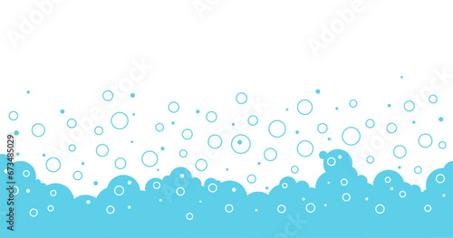 Soap bubbles blue background, cartoon foam outline and flat frame, water pattern, transparent suds. Abstract vector illustration