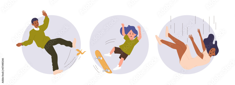 Isolated set of round icon composition with different people characters screaming and falling down Isolated set of round icon composition with different people characters screaming and falling down