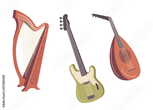 Classic, folk and rock music instrument as harp, bandura and electric bass guitar isolated set