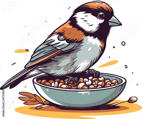 Sparrow eating from a bowl of food. Vector illustration.