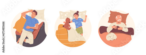 Isolated round icon composition with happy relaxed people of different age sleeping in bed