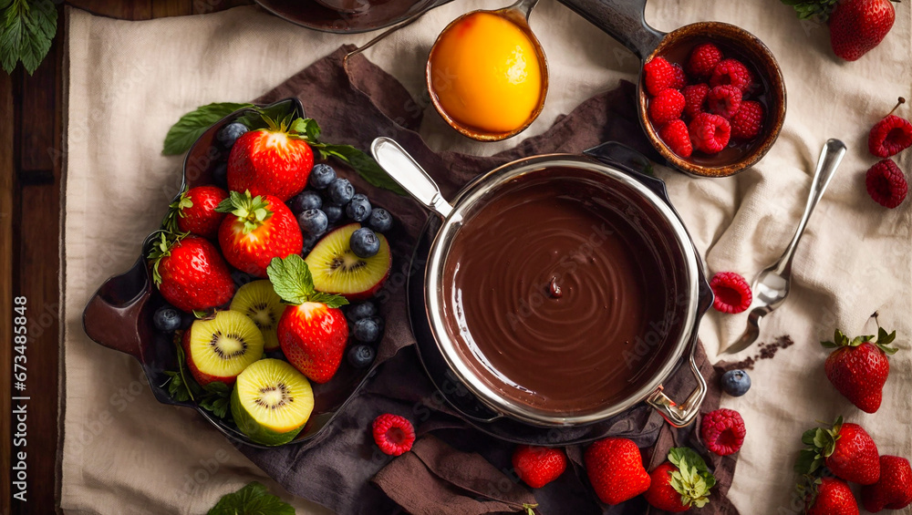 Chocolate fondue with various fresh fruits and berries Chocolate fondue with various fresh fruits and berries