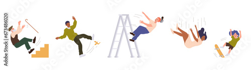 People cartoon characters falling down because of stumbling, skating, slipping, accident, injury set