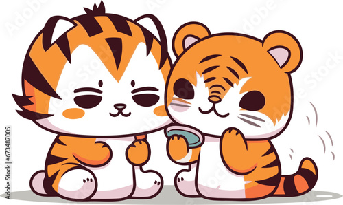 Fototapeta Naklejka Na Ścianę i Meble -  Cute cartoon tiger and cub. Vector illustration on white background.