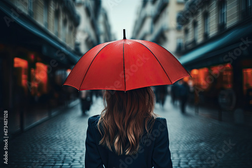 A young woman in a black clothes walking down a rainy evening city street with an red umbrella hat on her head. Back view.