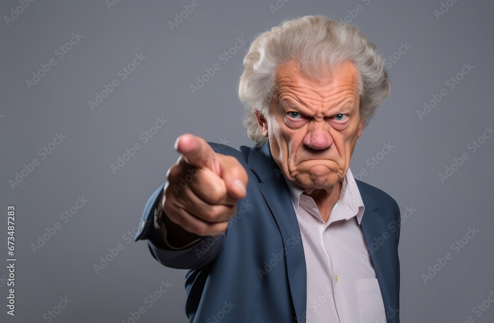 Isolated disgusted angry unhappy face of of a senior person pointing at someone, Disgusted, unhappy and serious elderly male, unhappy happy person Isolated disgusted angry unhappy face of of a senior person pointing at someone, Disgusted, unhappy and serious elderly male, unhappy happy person