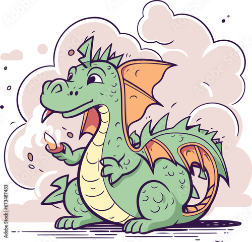 Cartoon dragon in the clouds. Vector illustration for your design.