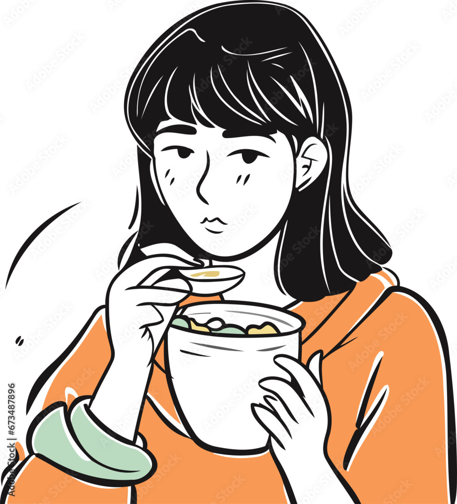 Illustration of a woman eating a bowl of cereals. Vector illustration. Illustration of a woman eating a bowl of cereals. Vector illustration.
