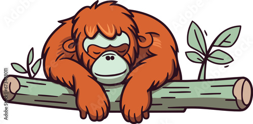 Cartoon orangutan sitting on a branch. Vector illustration.