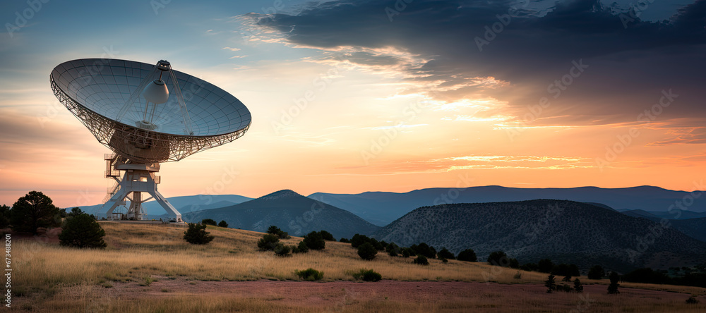 radio telescope dish at sunset with mountain sky in the background radio telescope dish at sunset with mountain sky in the background