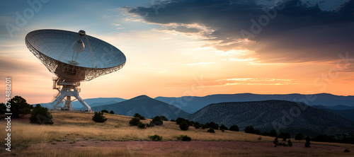 radio telescope dish at sunset with mountain sky in the background