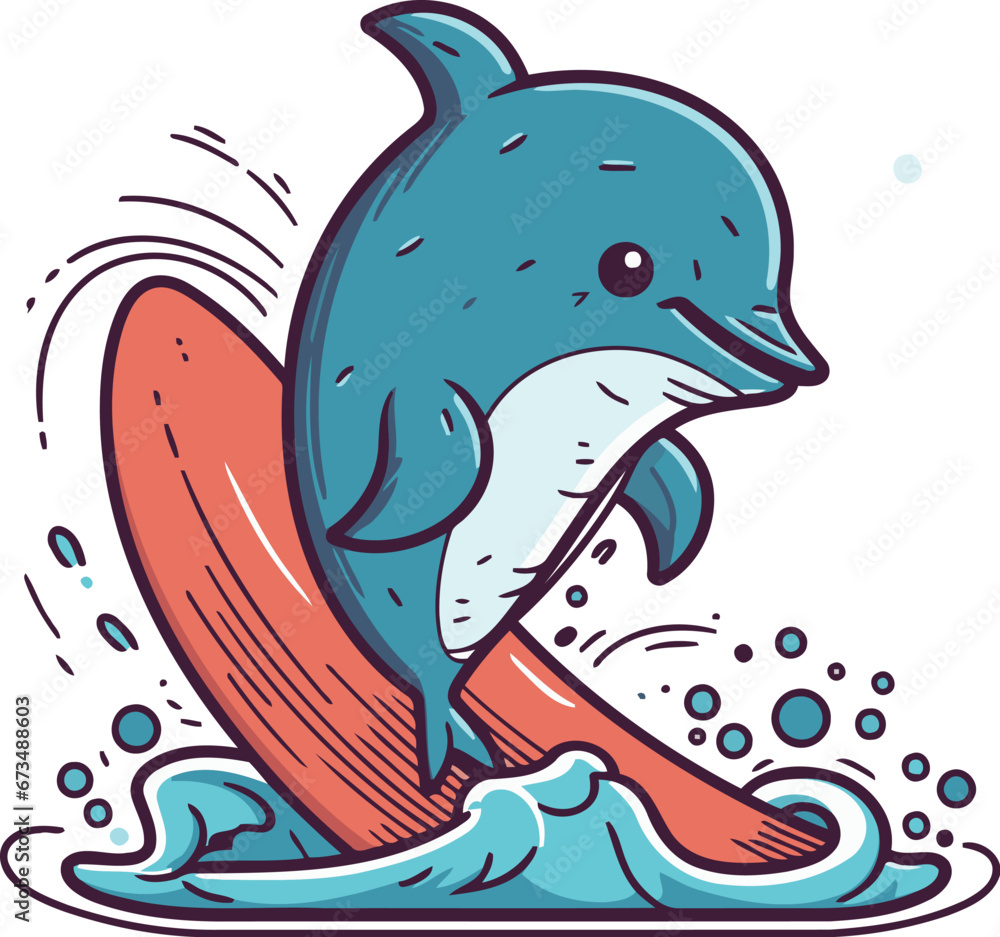 Naklejka premium Dolphin jumping on surfboard. Vector illustration in cartoon style.