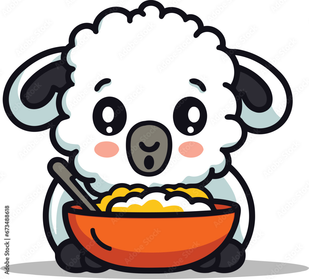 Cute Cartoon Sheep Eating Rice Bowl Vector Character Illustration Design. Cute Cartoon Sheep Eating Rice Bowl Vector Character Illustration Design.