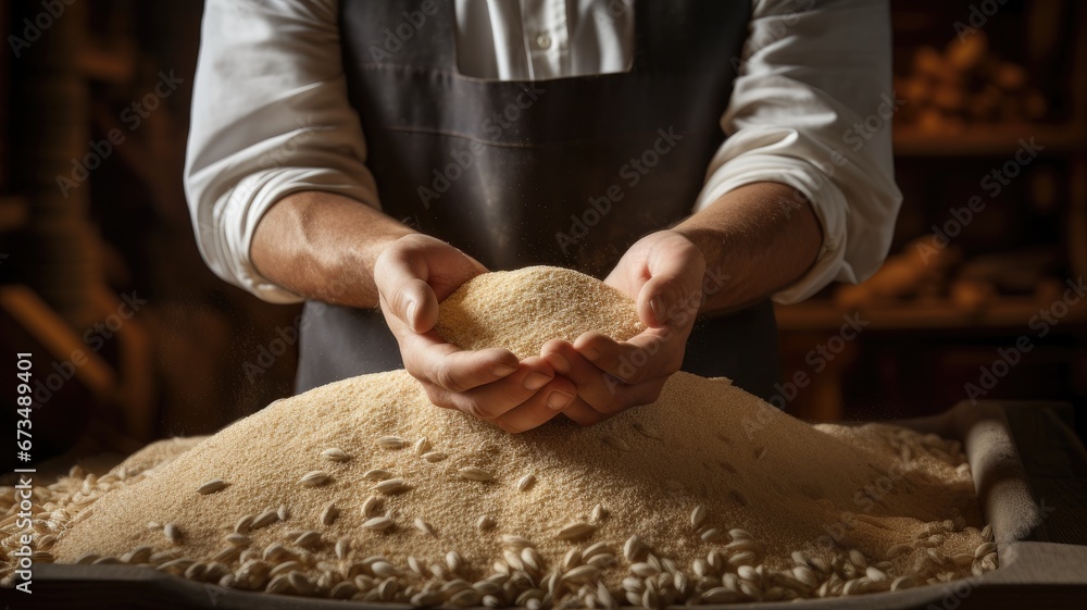 Making Grains a worker's hands expertly holding grains destined for the production of ...