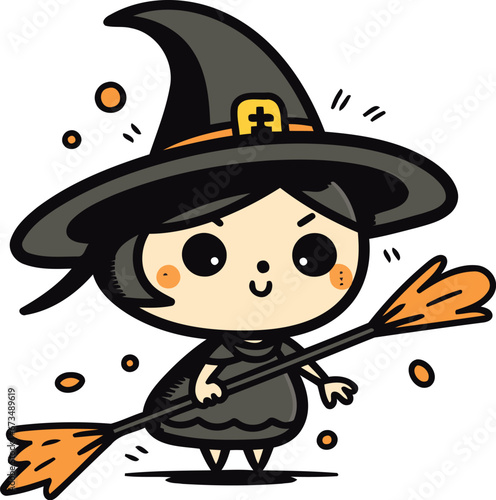 Cute little witch with a broom and hat. Vector illustration.