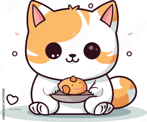 Cute cat holding a plate of food. Cartoon vector illustration.