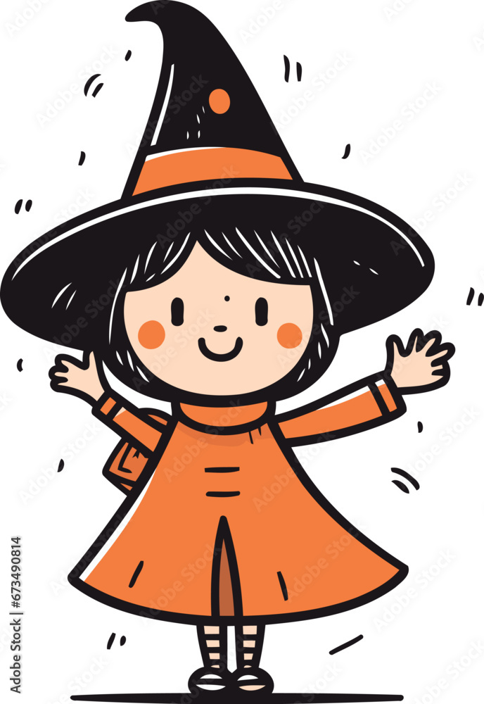 Cute little girl in witch costume. Vector illustration in doodle style.