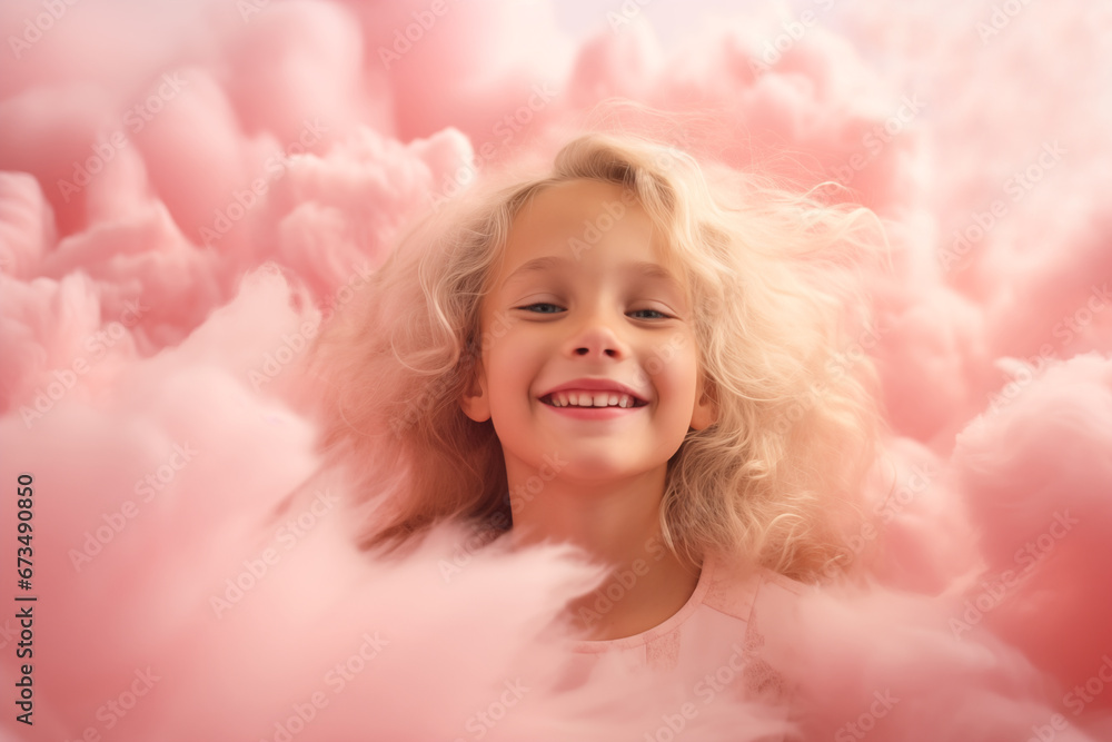 Portrait of little girl kid with blond hair in pink soft fluffy cloud background. Happy childhood, joyful child, smiling girl