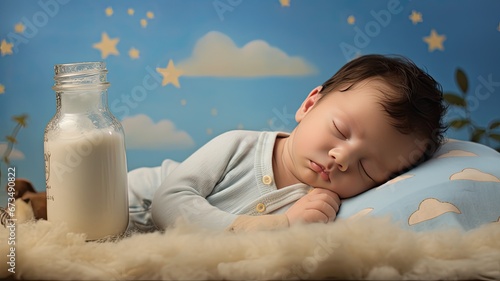 a cute baby in the midst of enjoying milk on a light background, the innocence and tenderness of the moment as the baby holds a bottle or sippy cup.