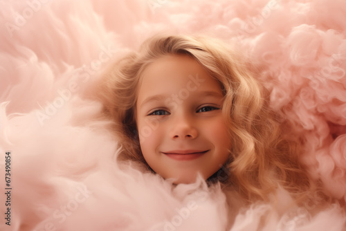 Portrait of little girl kid with blond hair in pink soft fluffy cloud background. Happy childhood, joyful child, smiling girl