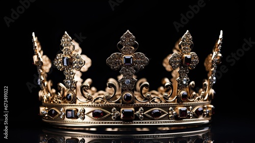 a King or Queen's Golden Crown against a dramatic black background, the intricate details and craftsmanship of the crown, highlighting its significance.