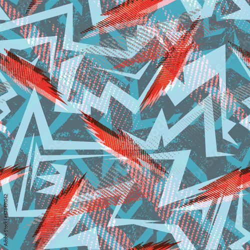 Abstract geometric seamless pattern with lightnings, curved fading lines,halftone stripes. Extreme sport style illustration. Trendy Urban colorful backdrop. Grunge texture pattern.