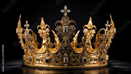 a King or Queen's Golden Crown against a dramatic black background, the intricate details and craftsmanship of the crown, highlighting its significance.