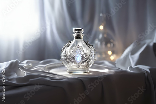 Shiny silver embroidered, unique and glowing white translucent magic elixir potion bottle - Generative AI