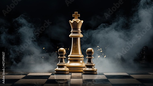 a King engaged in a chess battle, standing on a chessboard against a black isolated background. This image symbolizes a business leader's strategic prowess in conquering the target market.