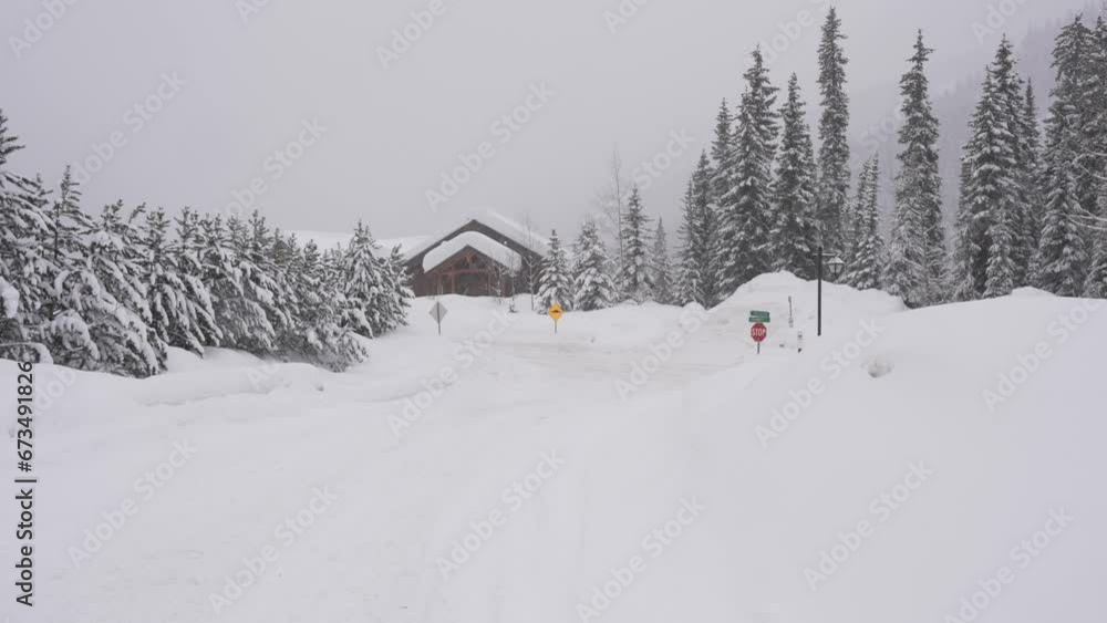 Secluded Cabin in Snowy Forest with Road Signs Secluded Cabin in Snowy Forest with Road Signs