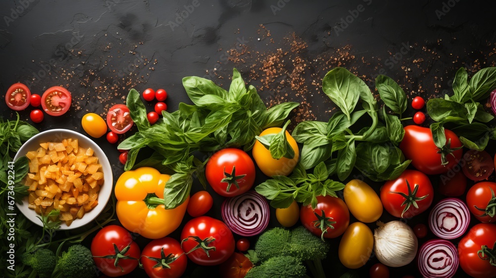 Ingredients for vegetable salad, dietary and healthy eating. Avocado and tomatoes with herb spices. Low calorie flat layout. Illustration Ingredients for vegetable salad, dietary and healthy eating. Avocado and tomatoes with herb spices. Low calorie flat layout. Illustration