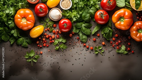 Ingredients for vegetable salad, dietary and healthy eating. Avocado and tomatoes with herb spices. Low calorie flat layout. Illustration