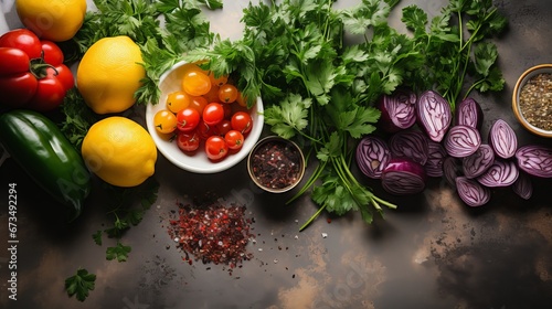 Ingredients for vegetable salad, dietary and healthy eating. Avocado and tomatoes with herb spices. Low calorie flat layout. Illustration