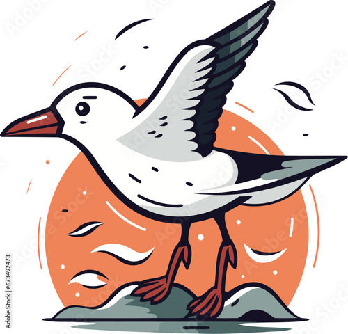 Vector illustration of a seagull on the rocks. Cartoon style.