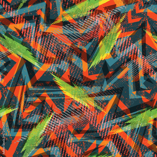 Abstract geometric seamless pattern with lightnings, curved fading lines,halftone stripes. Extreme sport style illustration. Trendy Urban colorful backdrop. Grunge texture pattern.