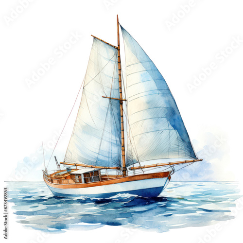 sailing yacht on the waves in illustration drawing style isolated on white background