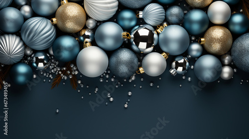 Christmas background template top view with copy space blue silver color. AI generative