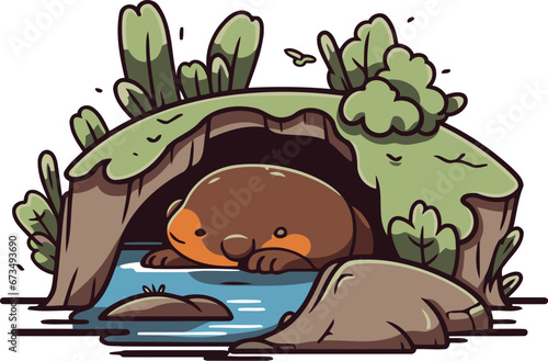 Cartoon bear sleeping in a cave. Vector illustration for your design