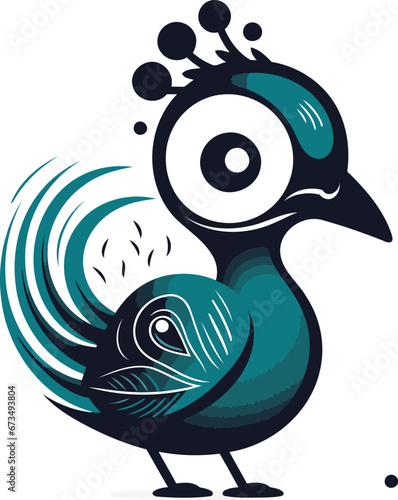 Vector illustration of a cute cartoon peacock with a crown on his head.